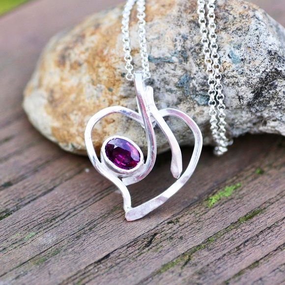 Natural Rhodolite Garnet Heart Pendant Sterling Silver , January Birthstone - Picture 5 of 7